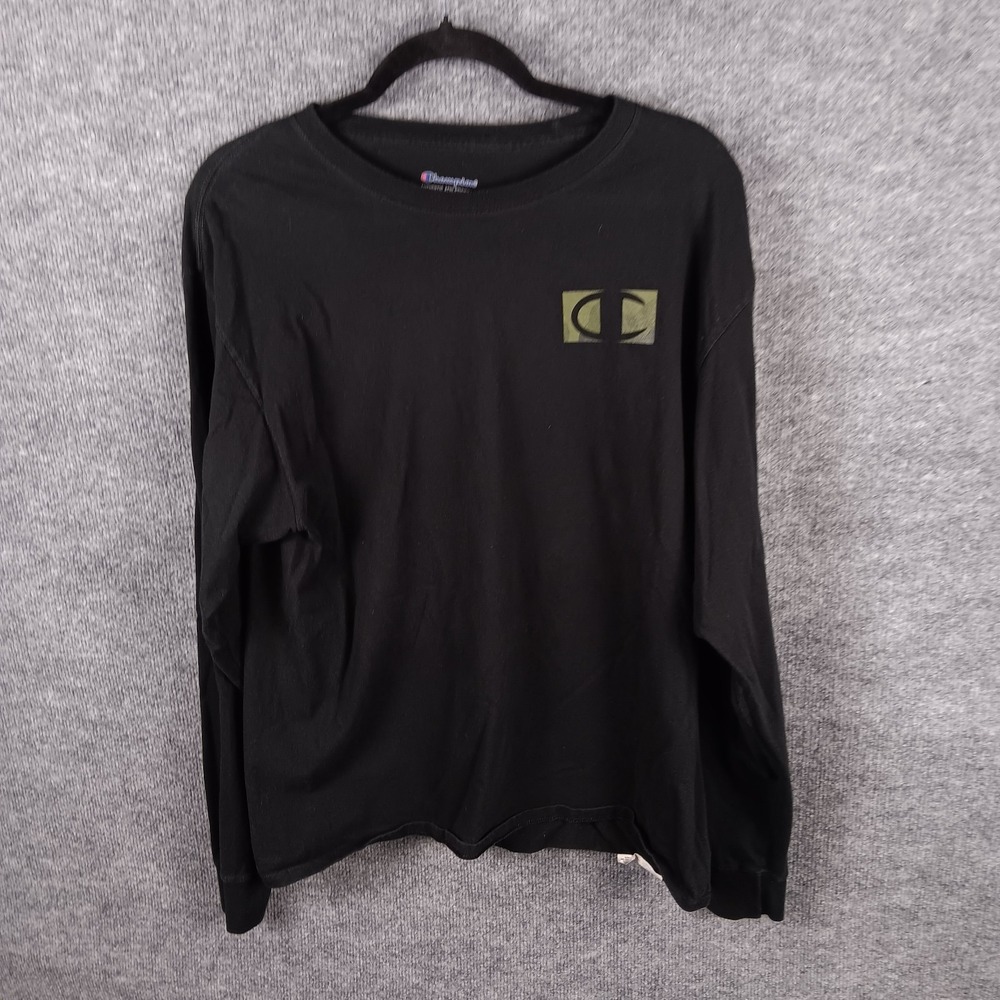 Champion Mens Long Sleeve Tee Chest Logo Sleeve Writing Black Shirt Size L